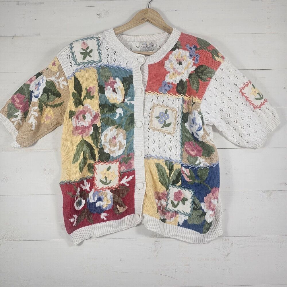 Vintage 1994 Susan Bristol Hand Embroidered Floral Cardigan Sweater Cotage Core